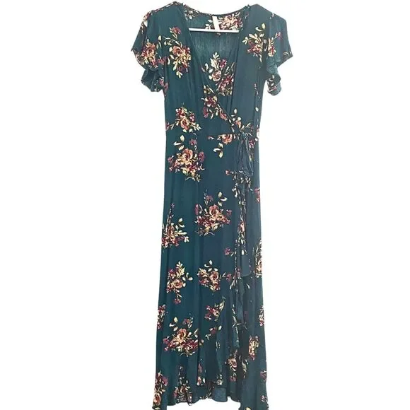 Xhilaration | Teal Floral Maxi Dress Flutter Sleeves Faux Wrap - Picture 1 of 9
